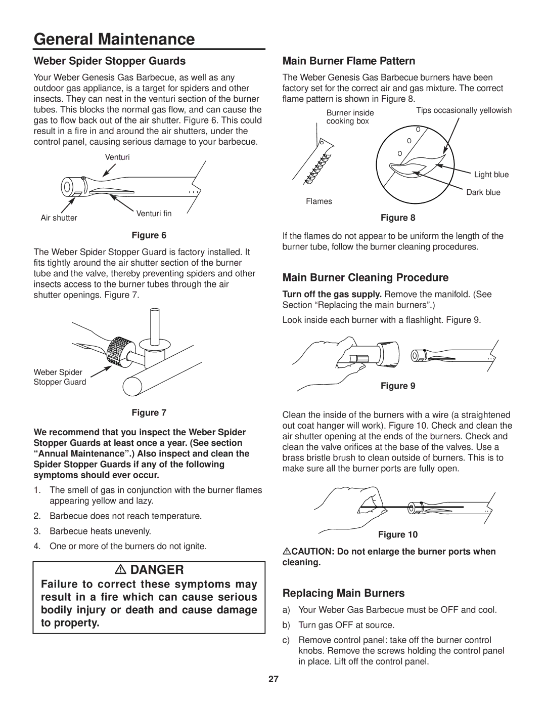 Weber 3000 Series General Maintenance, Weber Spider Stopper Guards, Main Burner Flame Pattern, Replacing Main Burners 