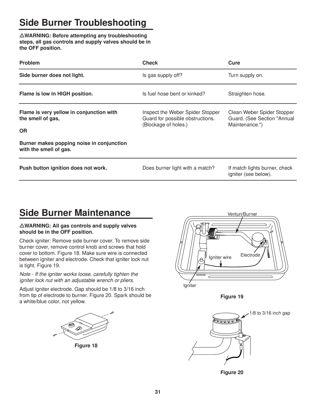 Weber 3000 Series owner manual Side Burner Troubleshooting, Side Burner Maintenance 