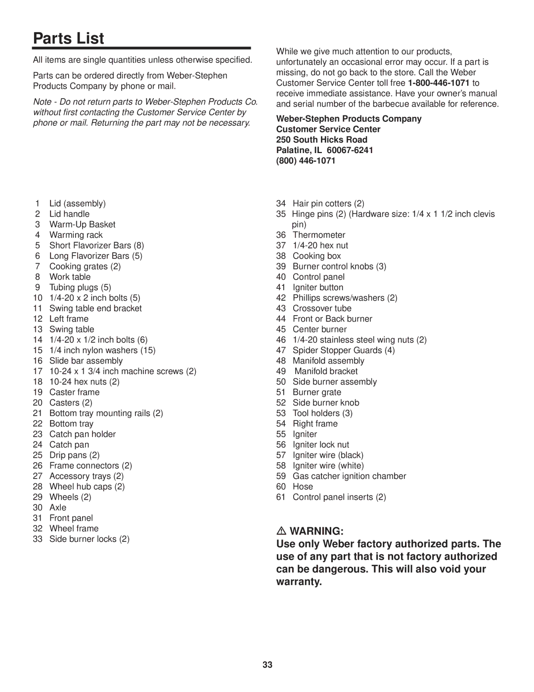 Weber 3000 Series owner manual Parts List, Use only Weber factory authorized parts 