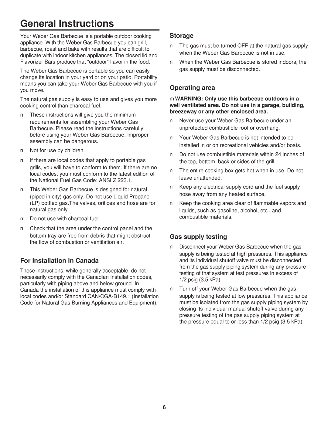 Weber 3000 Series General Instructions, For Installation in Canada, Storage, Operating area, Gas supply testing 