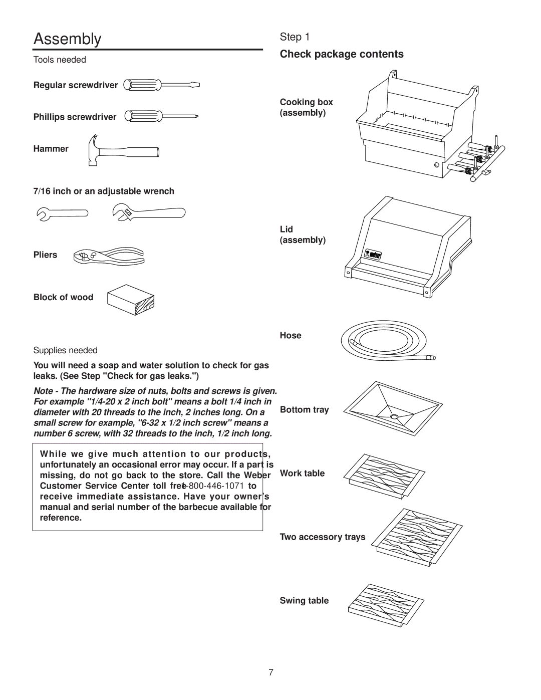 Weber 3000 Series owner manual Assembly, Step, Check package contents 