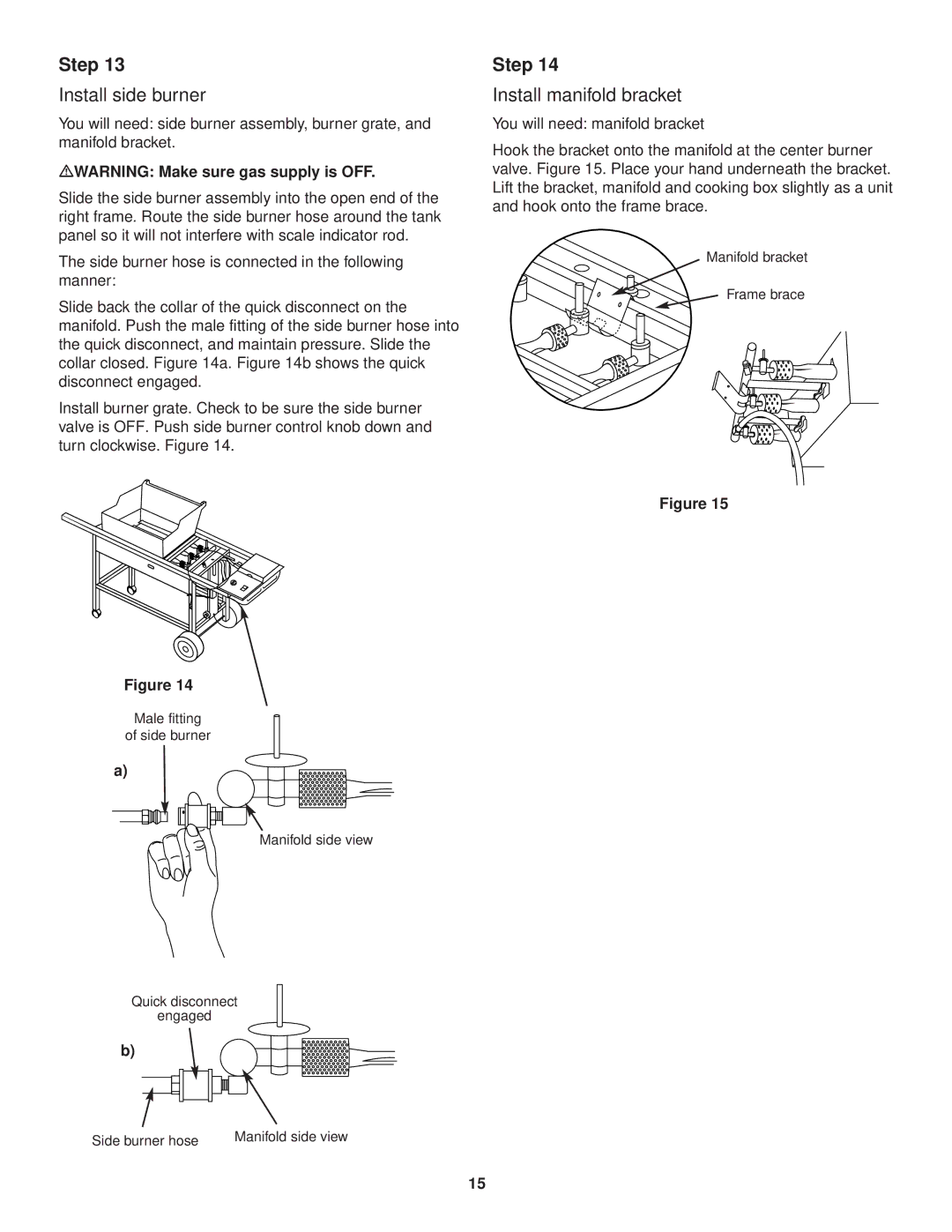 Weber 3000 owner manual Install side burner, Install manifold bracket, MWARNING Make sure gas supply is OFF 