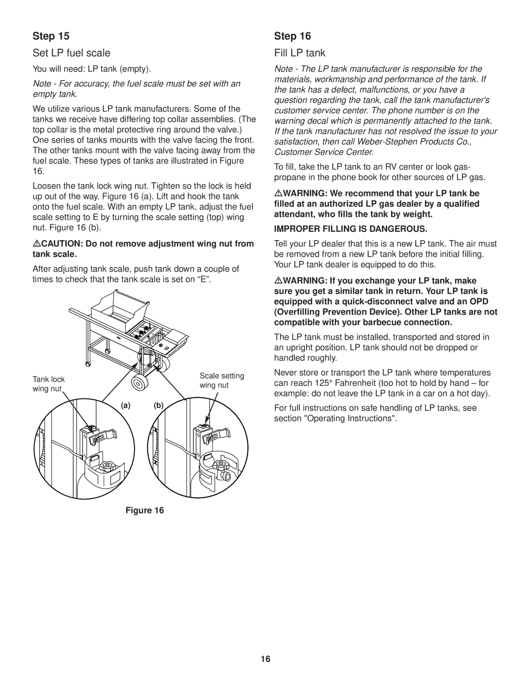 Weber 3000 owner manual Set LP fuel scale, Fill LP tank, MCAUTION Do not remove adjustment wing nut from tank scale 