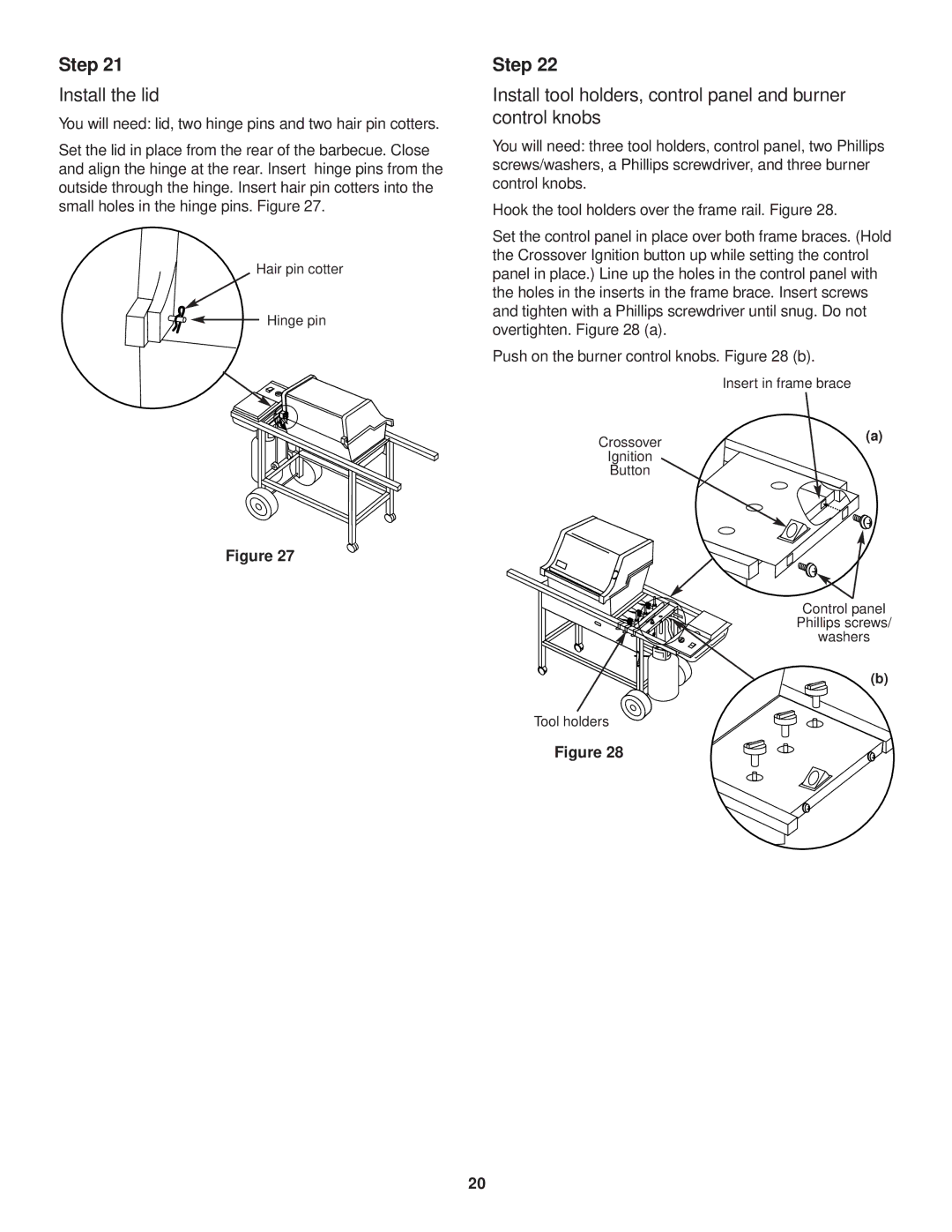 Weber 3000 owner manual Install the lid, Install tool holders, control panel and burner control knobs 