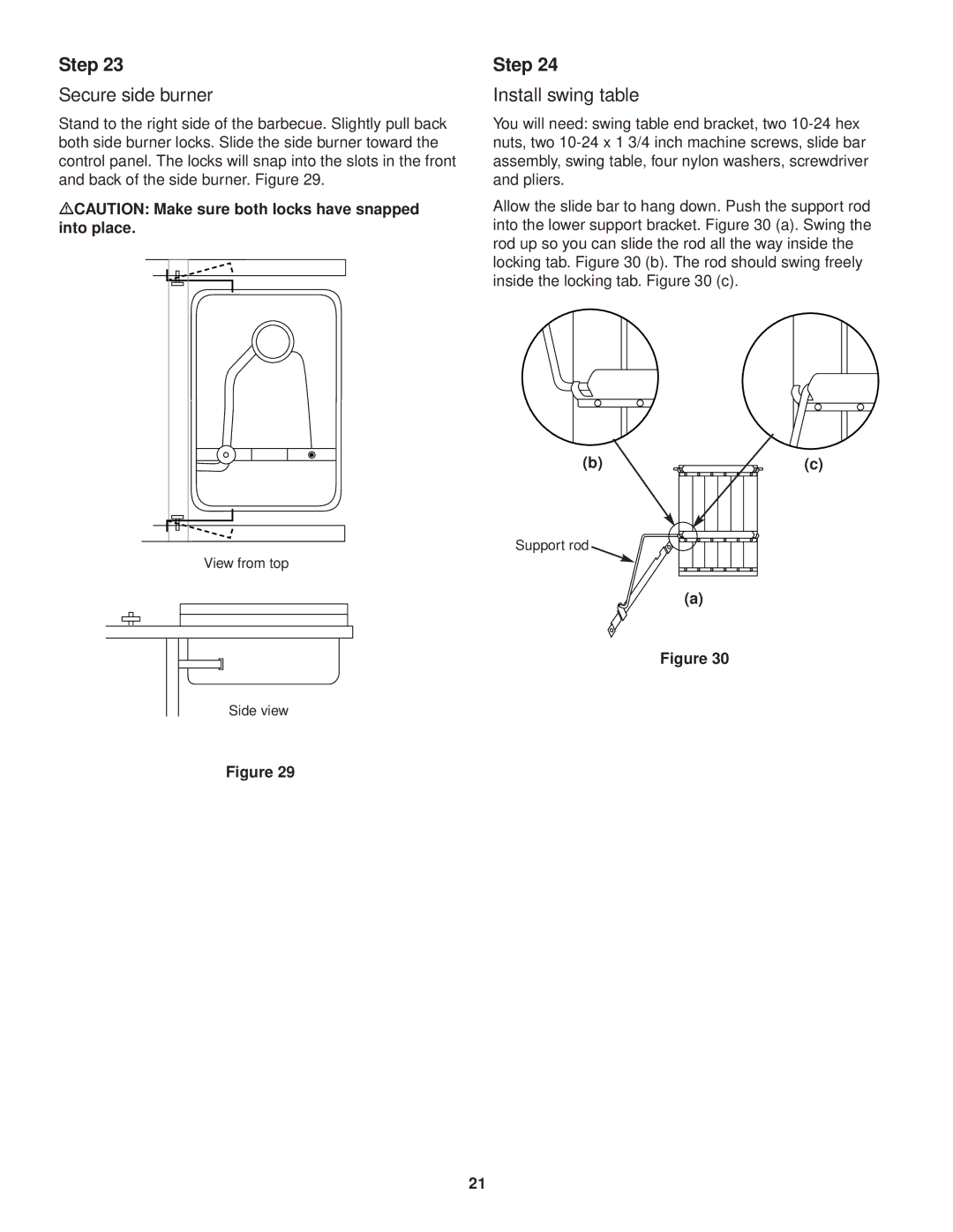 Weber 3000 owner manual Secure side burner, Install swing table, MCAUTION Make sure both locks have snapped into place 