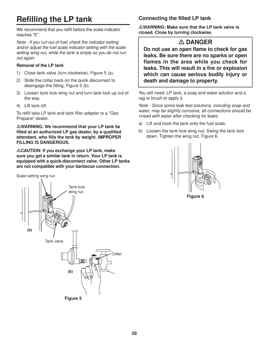 Weber 3000 owner manual Refilling the LP tank, Connecting the filled LP tank, Removal of the LP tank 