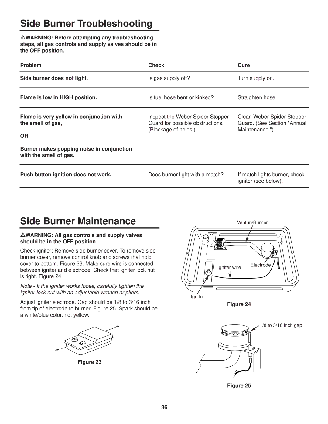 Weber 3000 owner manual Side Burner Troubleshooting, Side Burner Maintenance 