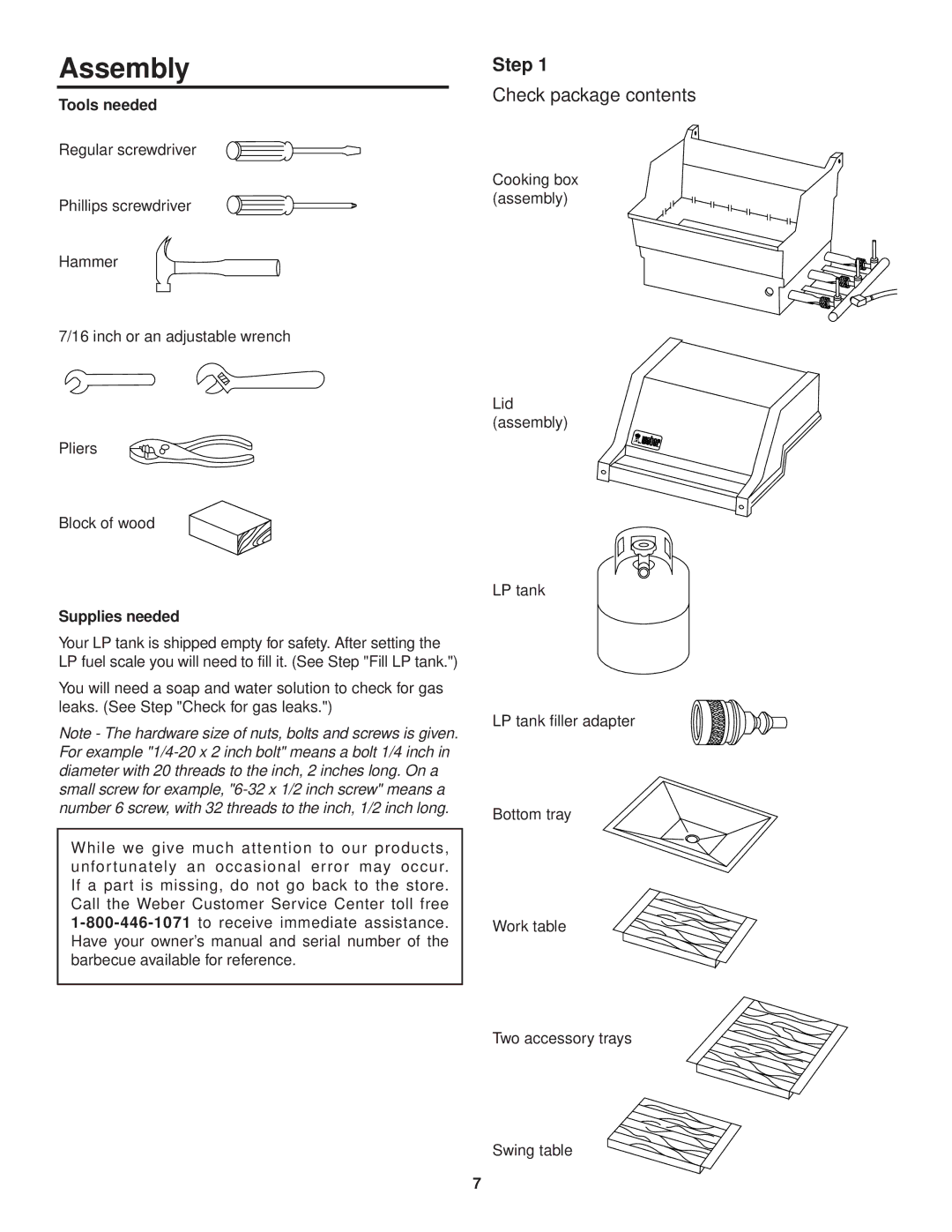 Weber 3000 owner manual Assembly, Step, Check package contents 