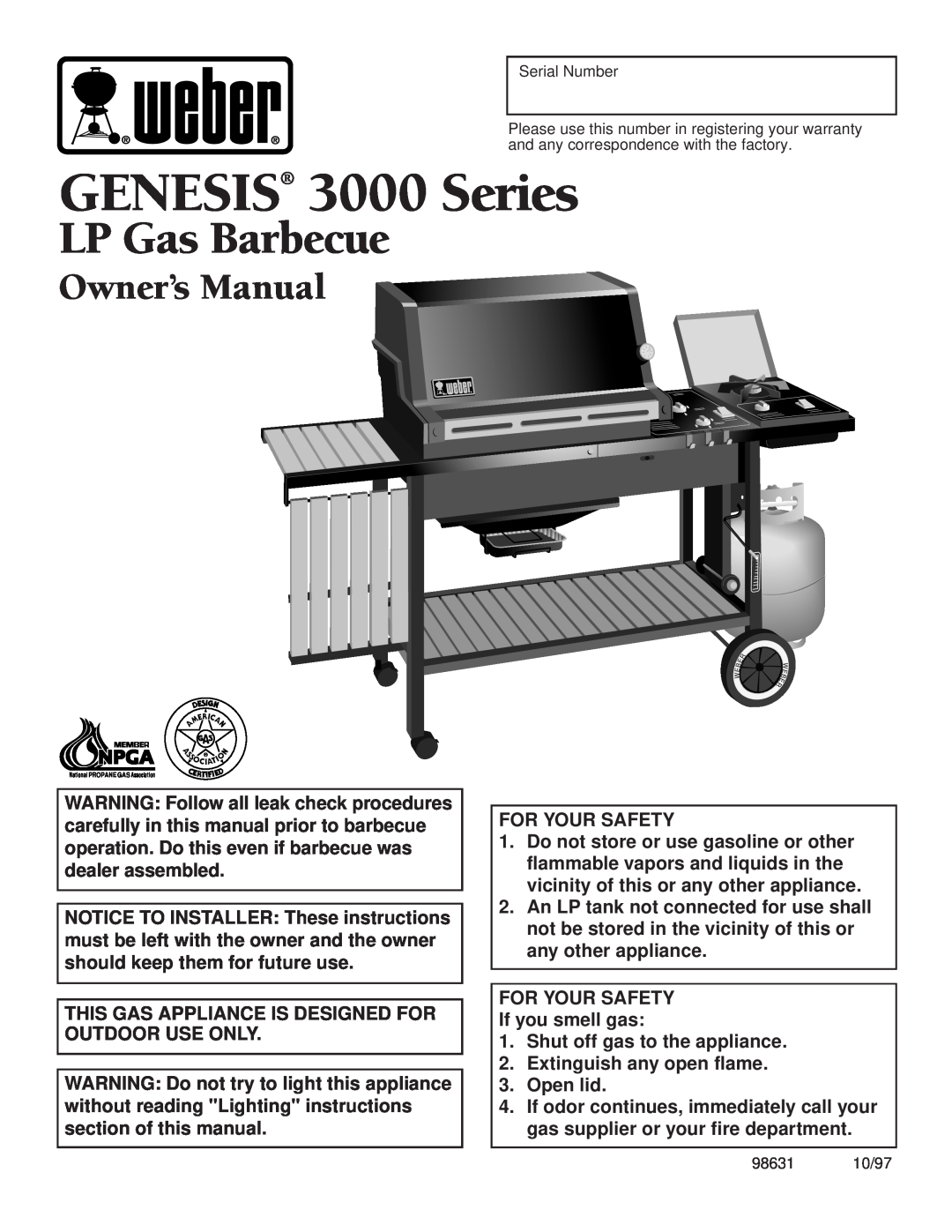 Weber owner manual LP Gas Barbecue, GENESIS 3000 Series, Owner’s Manual, For Your Safety 