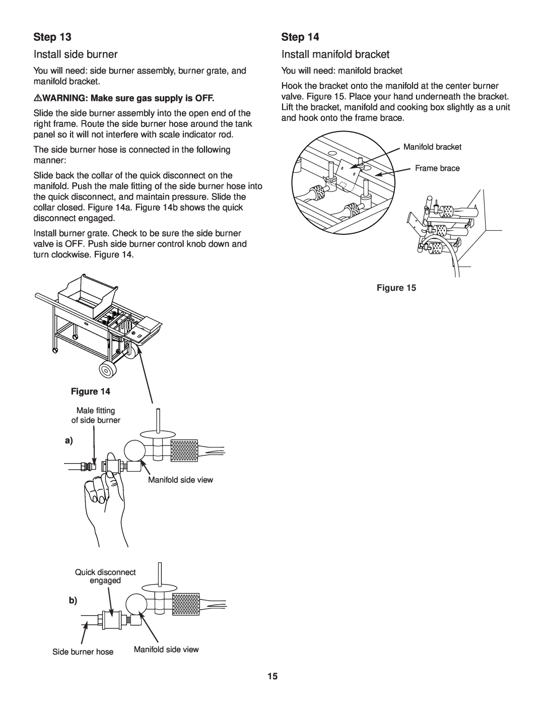 Weber 3000 owner manual Step, Install side burner, Install manifold bracket, mWARNING Make sure gas supply is OFF 