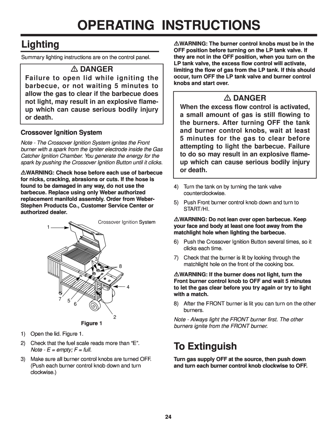 Weber 3000 owner manual Operating Instructions, Lighting, To Extinguish, m DANGER, Crossover Ignition System 