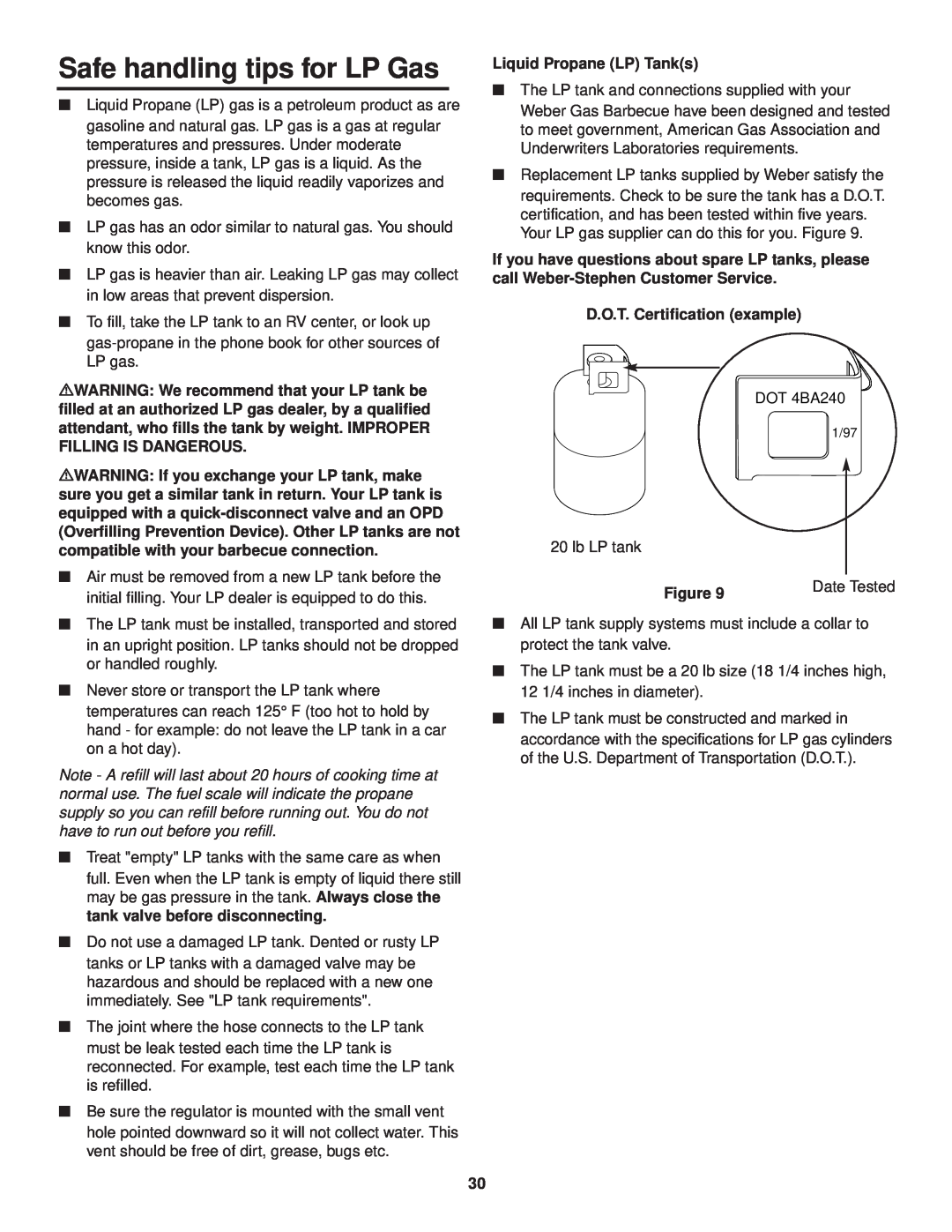 Weber 3000 owner manual Safe handling tips for LP Gas, Liquid Propane LP Tanks, D.O.T. Certification example, Date Tested 