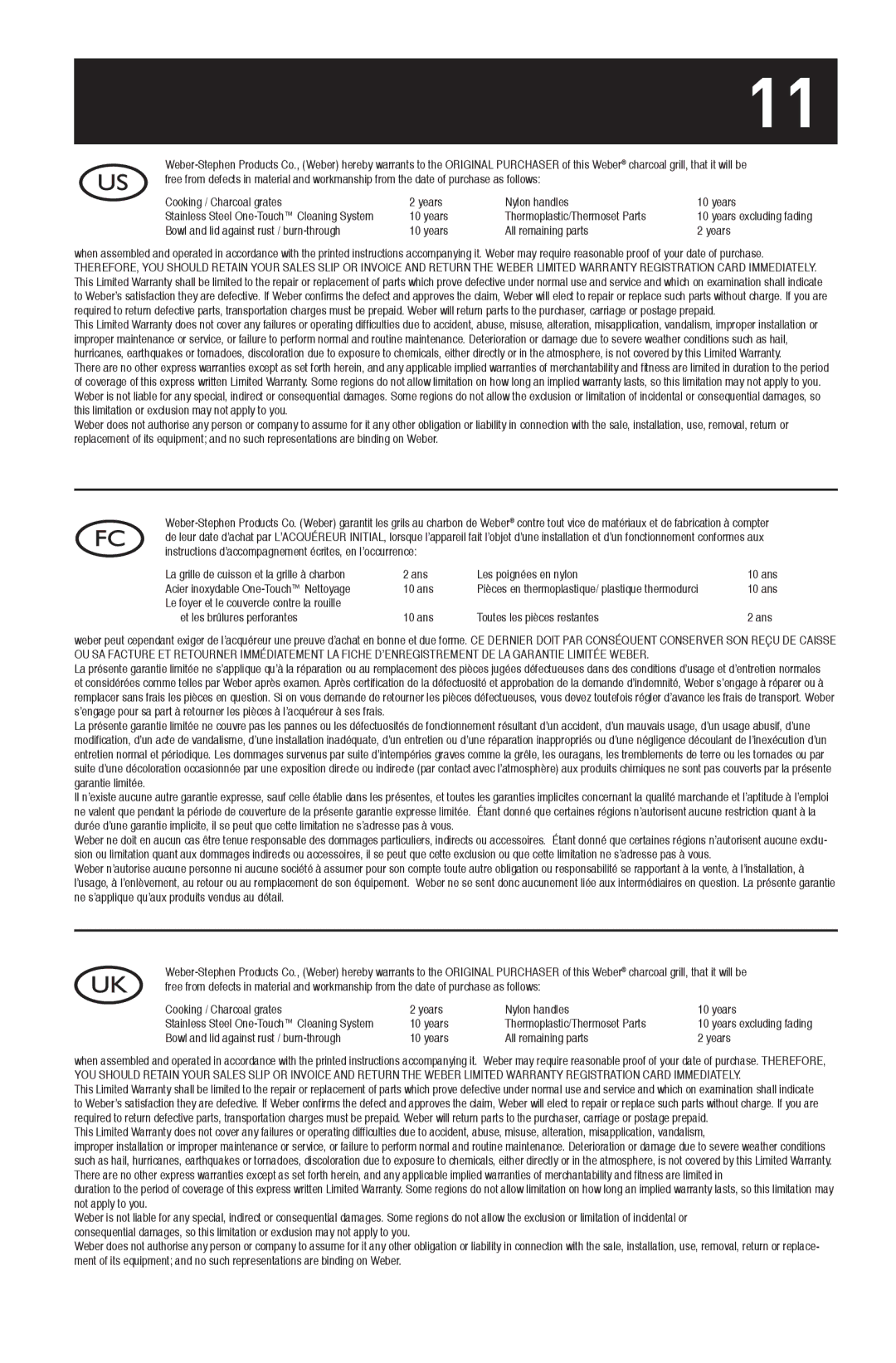 Weber 30792 manual Years Thermoplastic/Thermoset Parts 