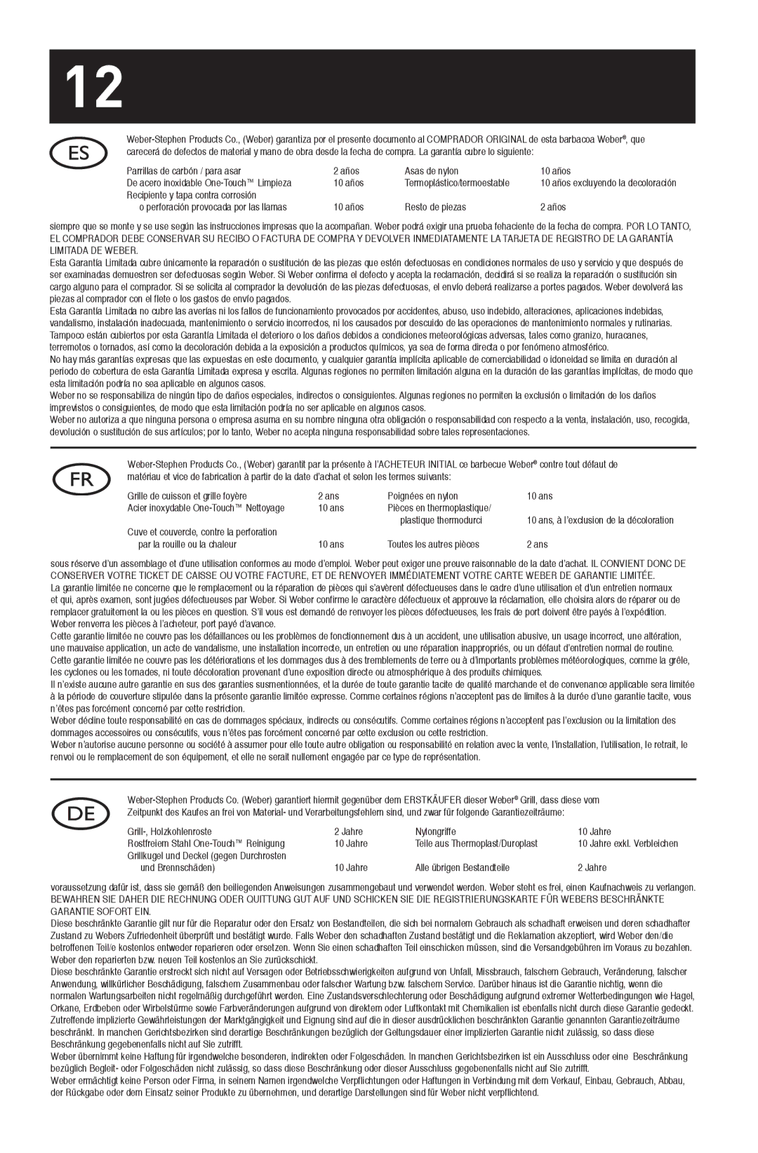 Weber 30792 manual 10 años excluyendo la decoloración 