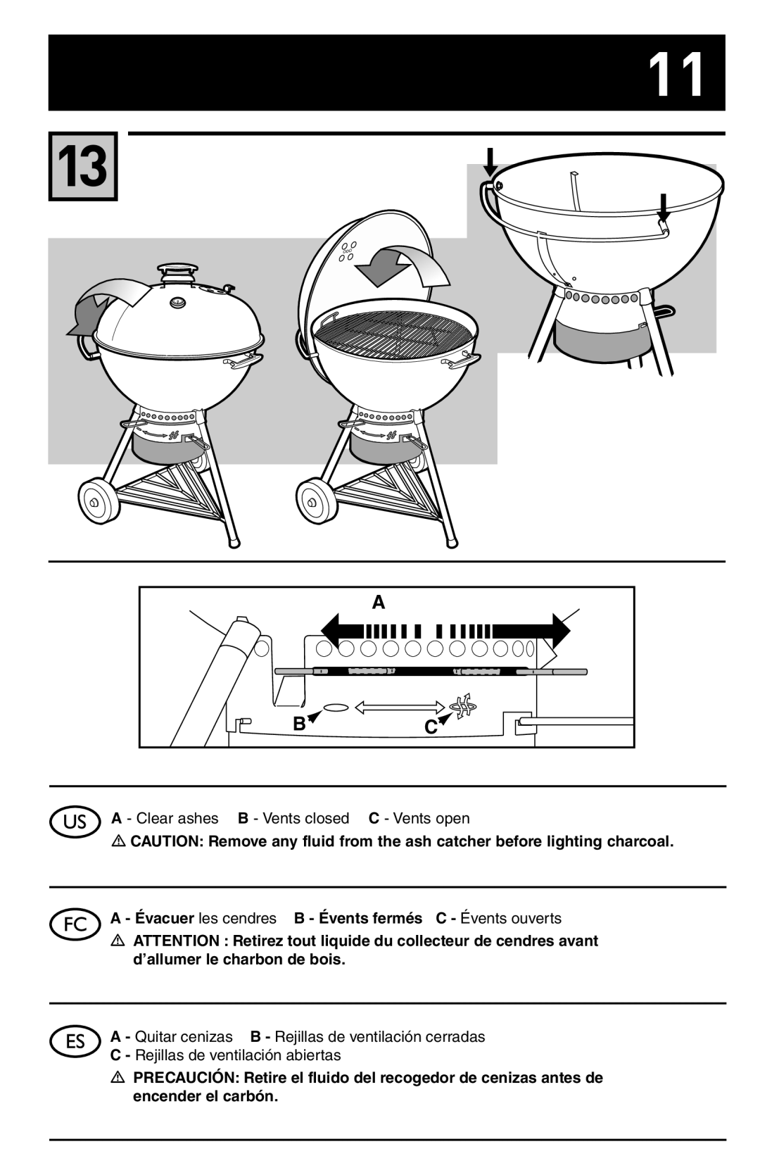 Weber 30821_091508 manual Évacuer les cendres B Évents fermés C Évents ouverts 