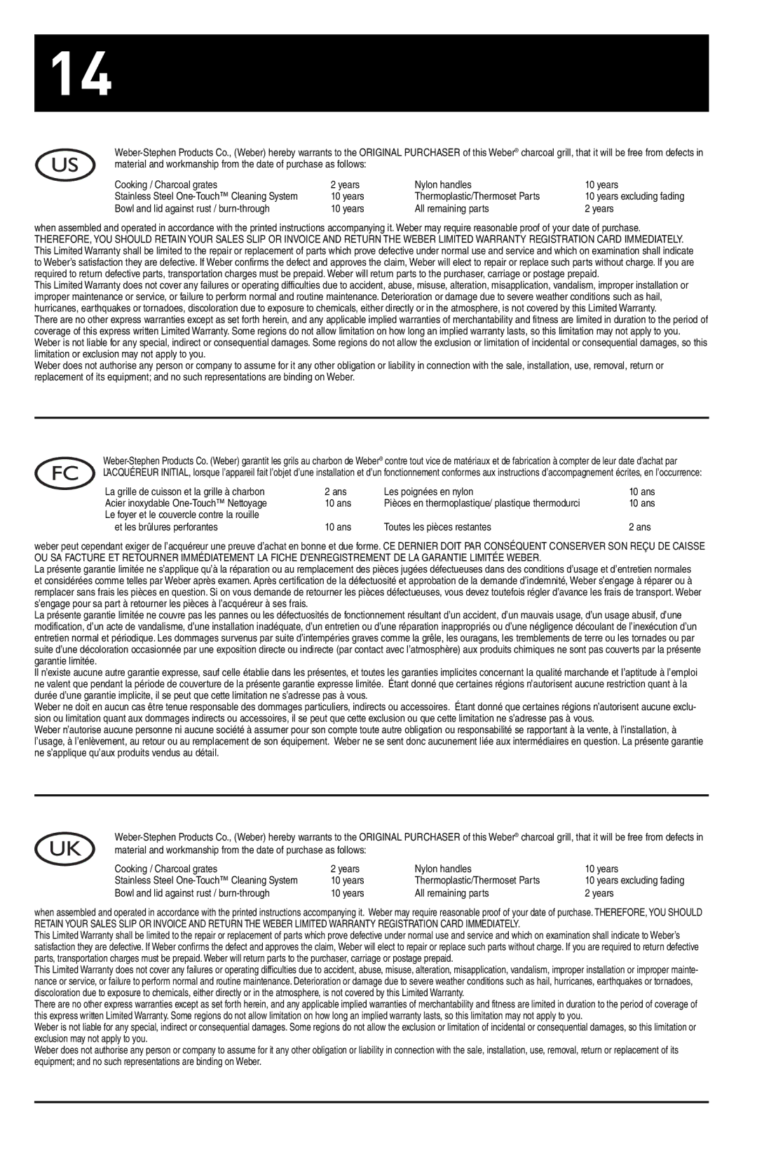 Weber 30821_091508 manual Years Thermoplastic/Thermoset Parts 