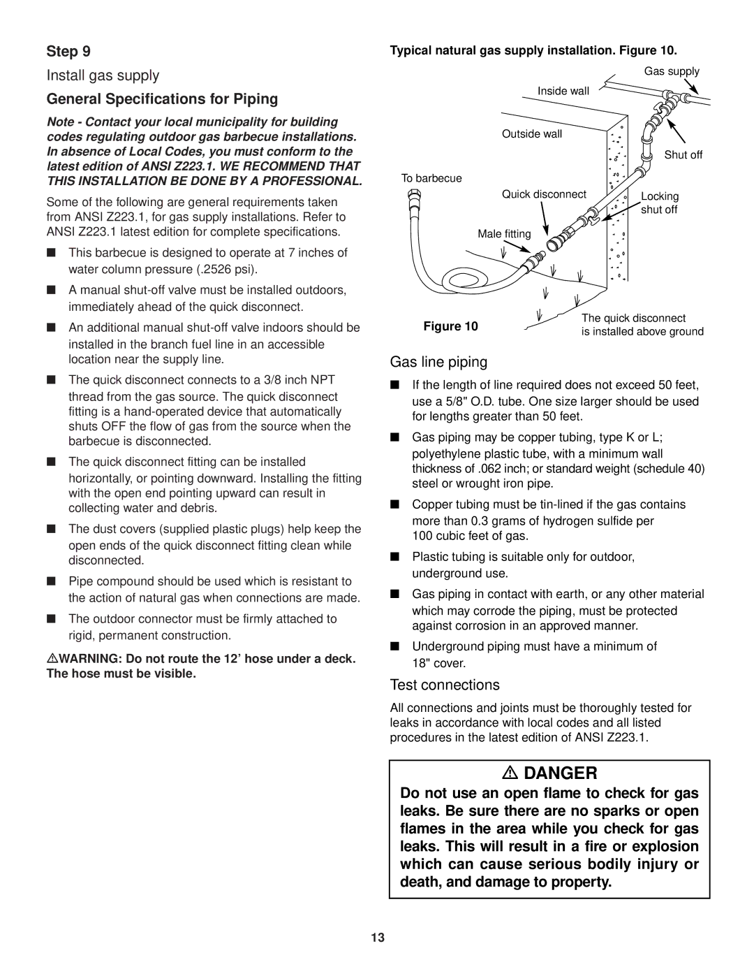 Weber 3100 owner manual Install gas supply, General Specifications for Piping, Gas line piping, Test connections 