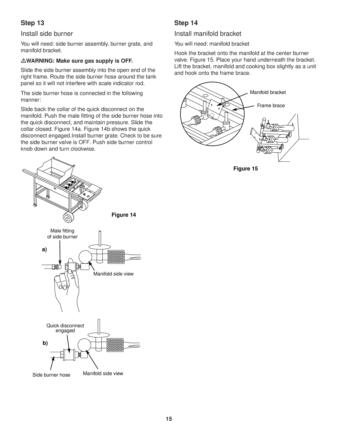 Weber 3100 owner manual Install side burner, Install manifold bracket, MWARNING Make sure gas supply is OFF 