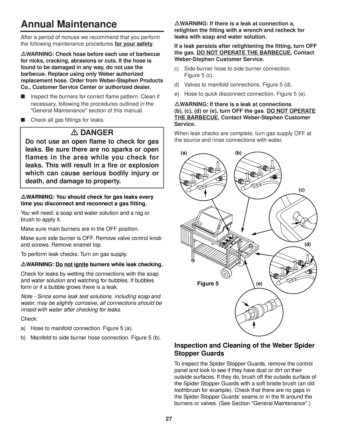 Weber 3100 owner manual Annual Maintenance, Inspection and Cleaning of the Weber Spider Stopper Guards 