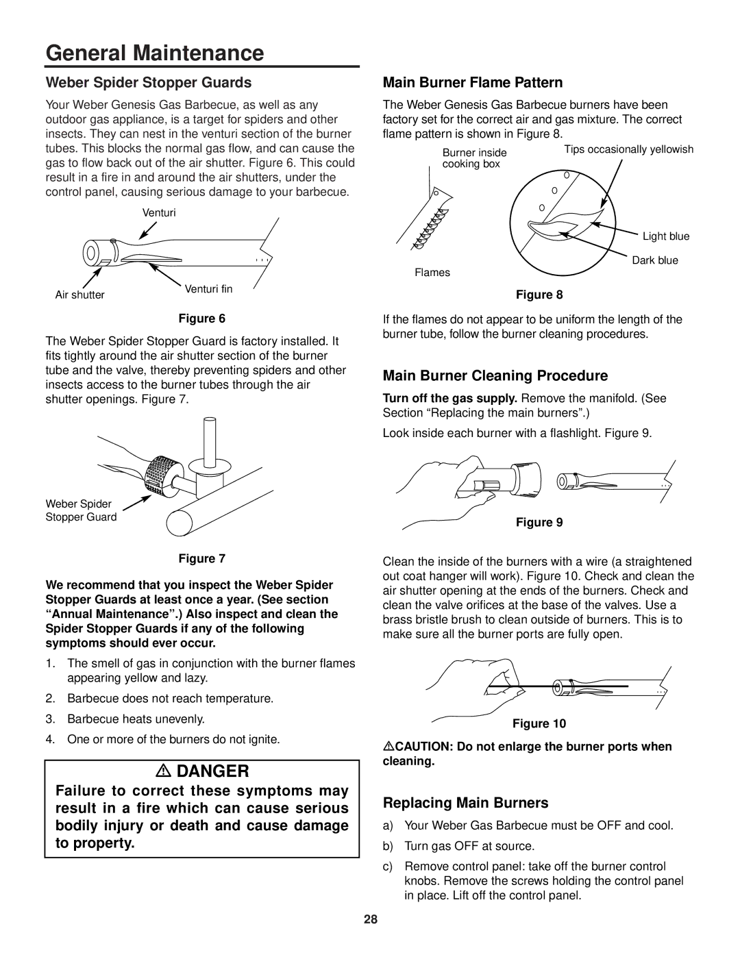 Weber 3100 General Maintenance, Weber Spider Stopper Guards, Main Burner Flame Pattern, Main Burner Cleaning Procedure 