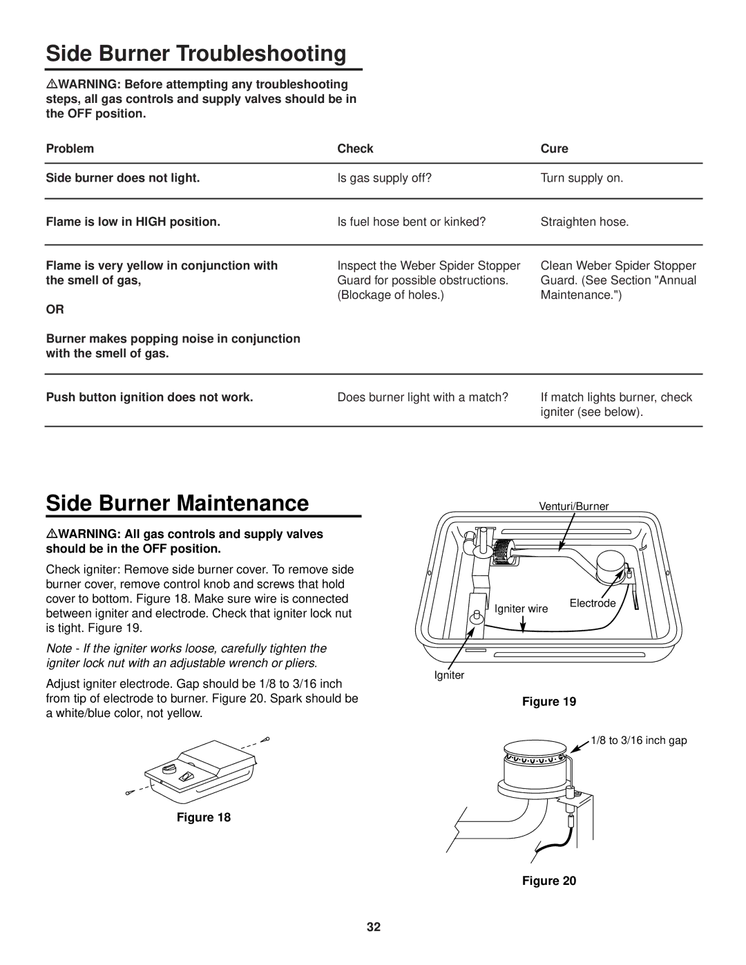 Weber 3100 owner manual Side Burner Troubleshooting, Side Burner Maintenance 