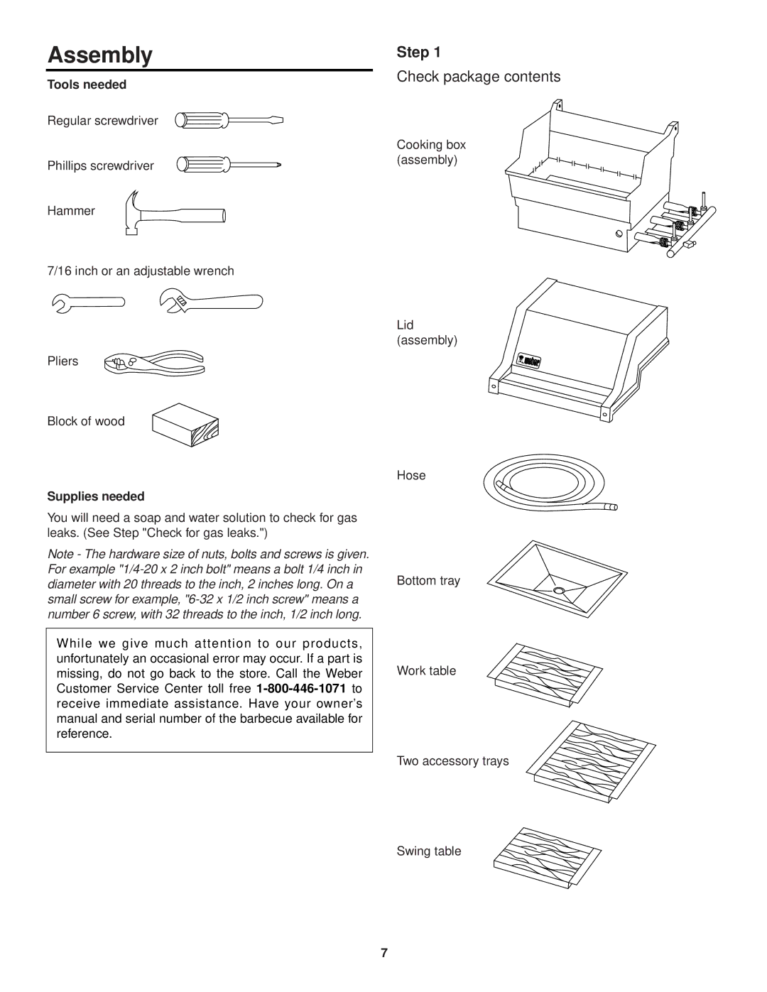 Weber 3100 owner manual Assembly, Step, Check package contents 