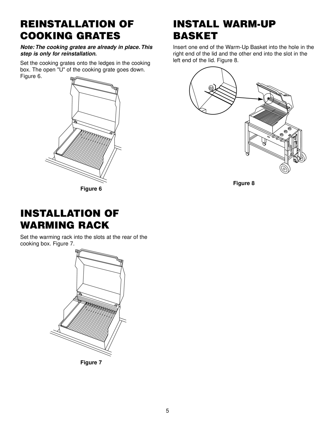 Weber 2200 LP, 3200 LP manual Reinstallation of Cooking Grates, Installation Warming Rack, Install WARM-UP Basket 