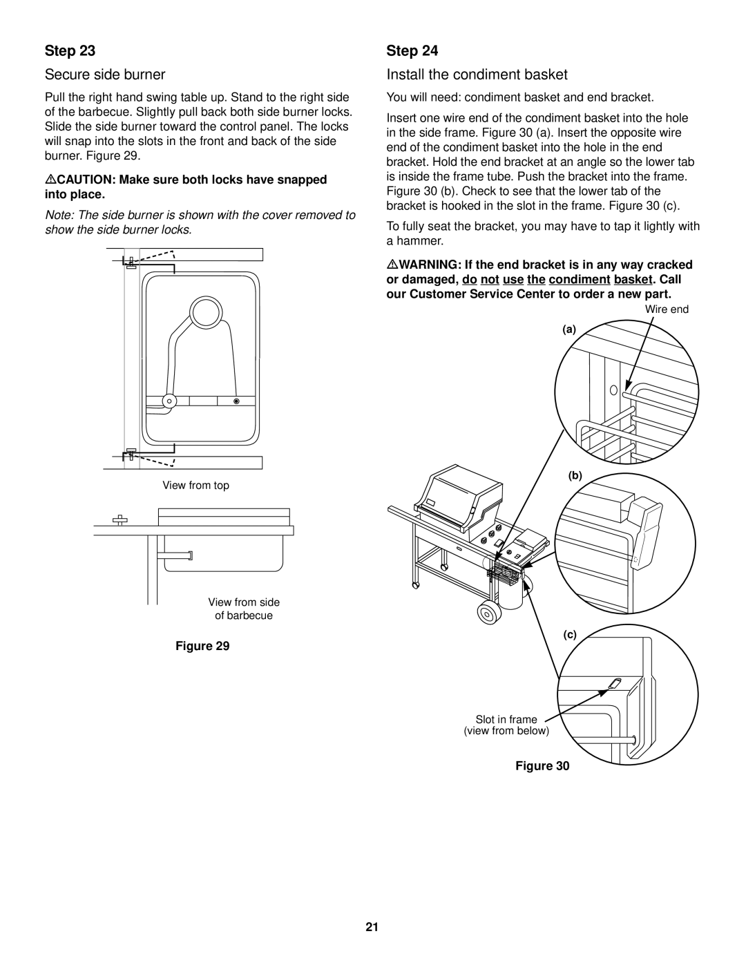 Weber 3200 Secure side burner, Install the condiment basket, MCAUTION Make sure both locks have snapped into place 