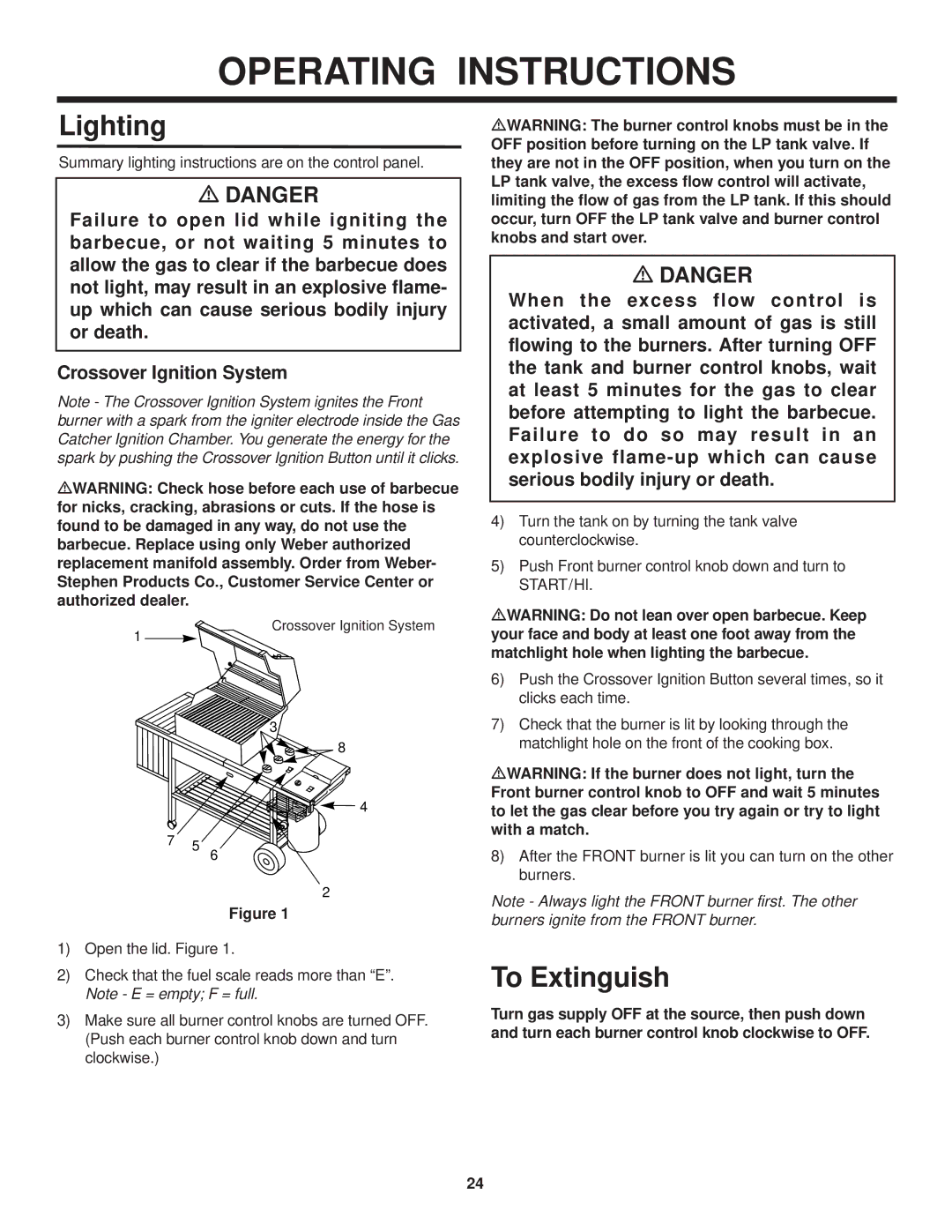 Weber 3200 owner manual Lighting, To Extinguish, MWARNING Do not lean over open barbecue. Keep 