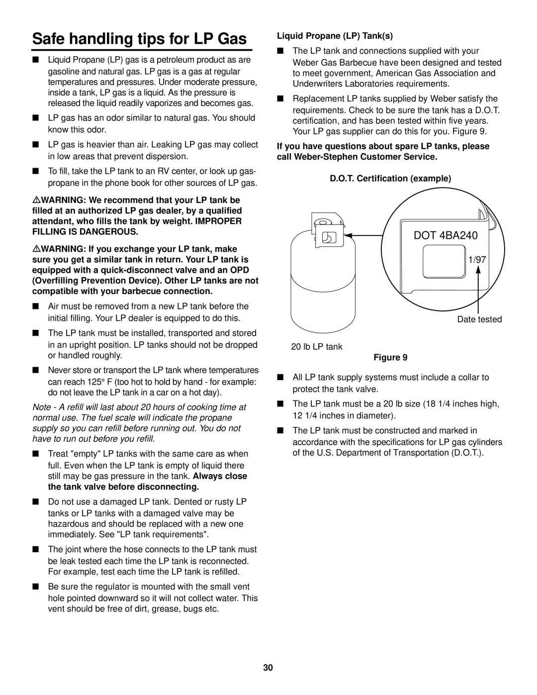 Weber 3200 owner manual Safe handling tips for LP Gas, DOT 4BA240, Liquid Propane LP Tanks 