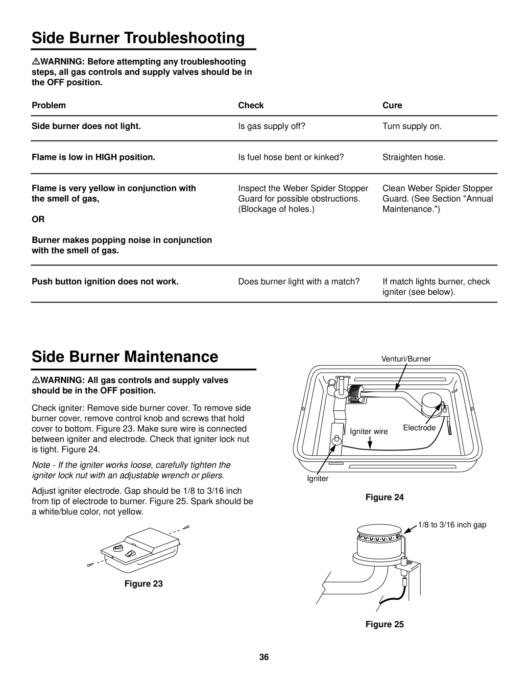 Weber 3200 owner manual Side Burner Troubleshooting, Side Burner Maintenance 