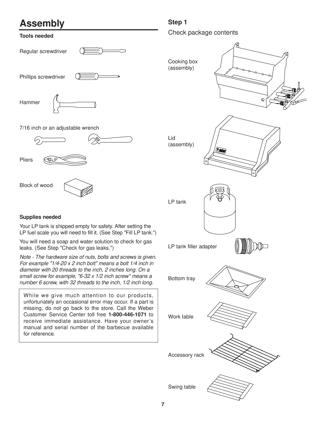 Weber 3200 owner manual Assembly, Step, Check package contents 