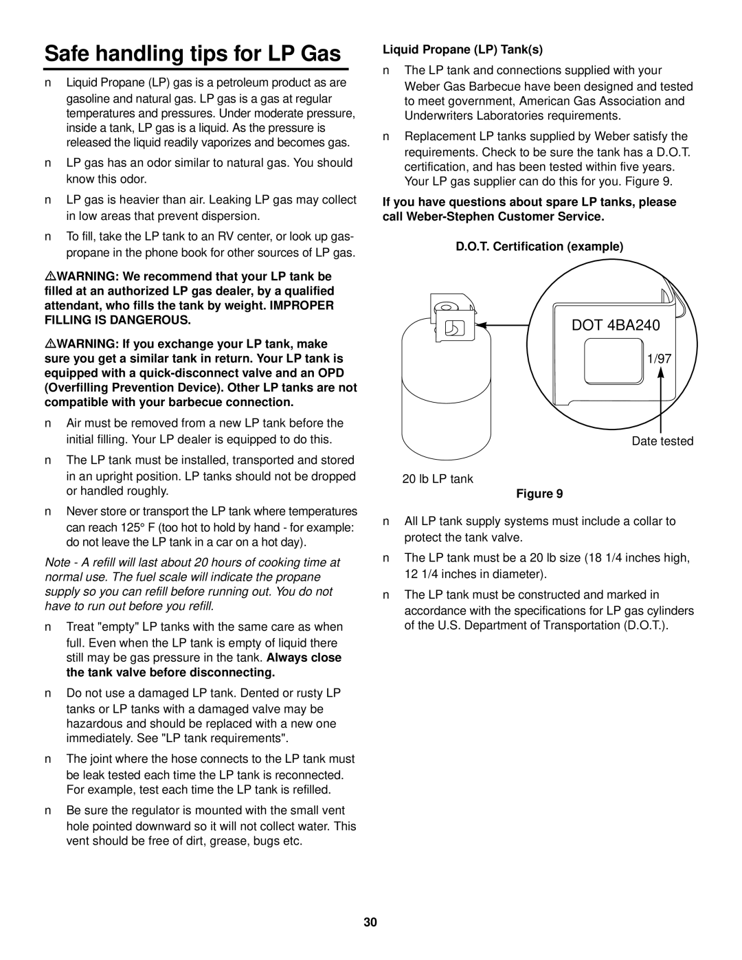 Weber 3200 owner manual Safe handling tips for LP Gas, DOT 4BA240, Liquid Propane LP Tanks 