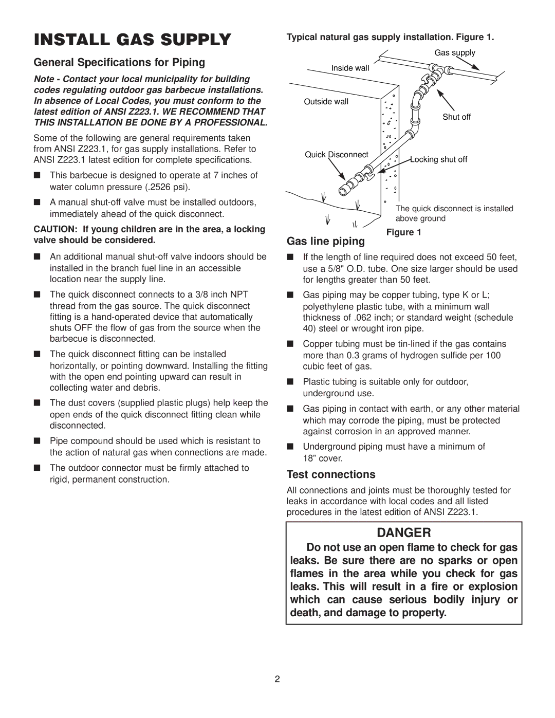 Weber 3200 NG, 3400 NG, 2200 NG manual Install GAS Supply, General Specifications for Piping 