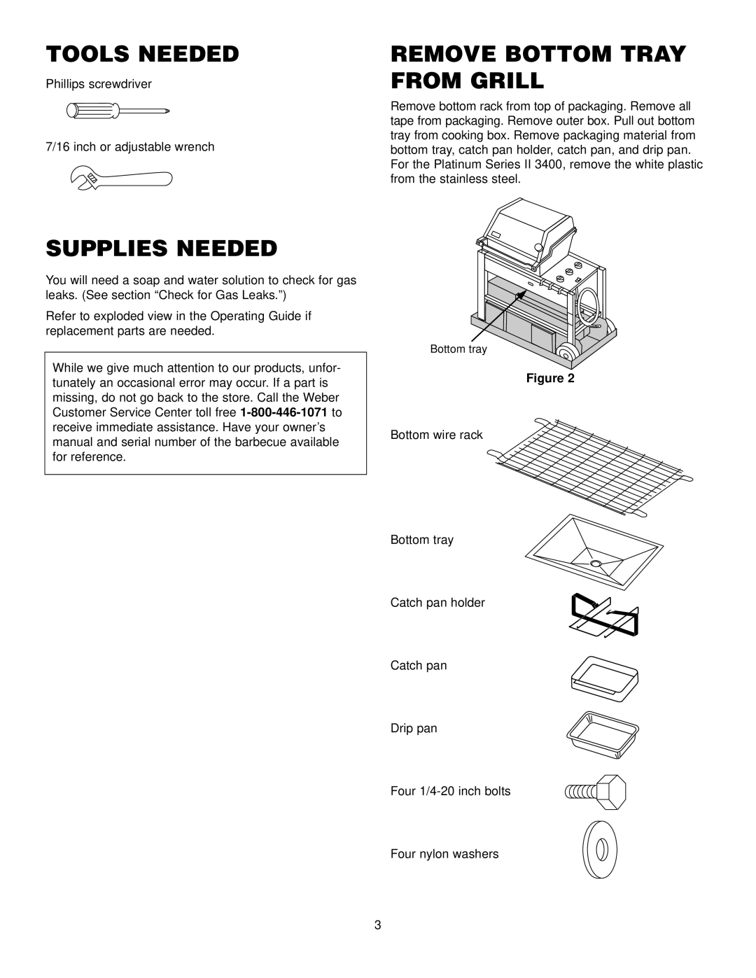 Weber 3400 NG, 2200 NG, 3200 NG manual Tools Needed, Remove Bottom Tray from Grill, Supplies Needed 