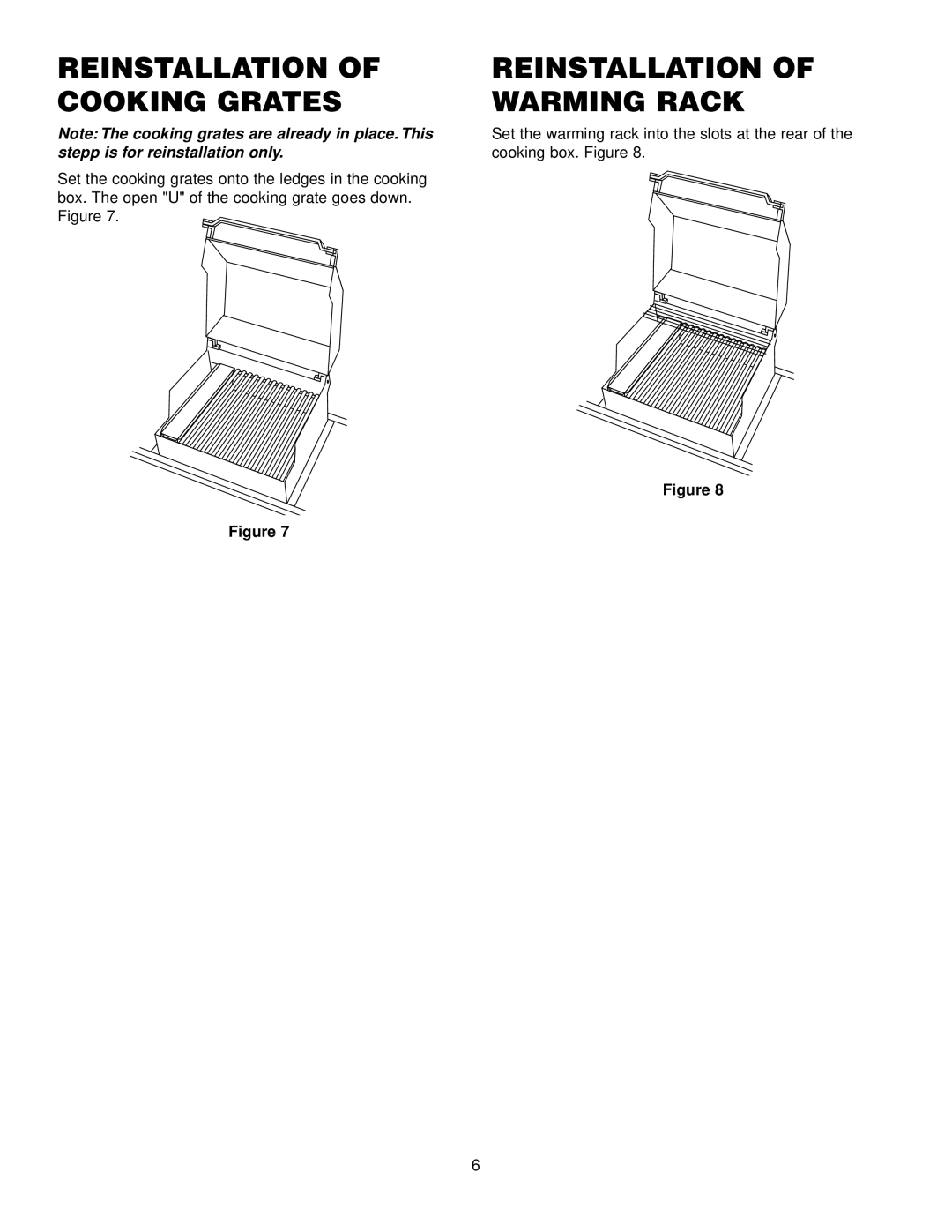 Weber 3400 NG, 2200 NG, 3200 NG manual Reinstallation of Cooking Grates, Reinstallation of Warming Rack 