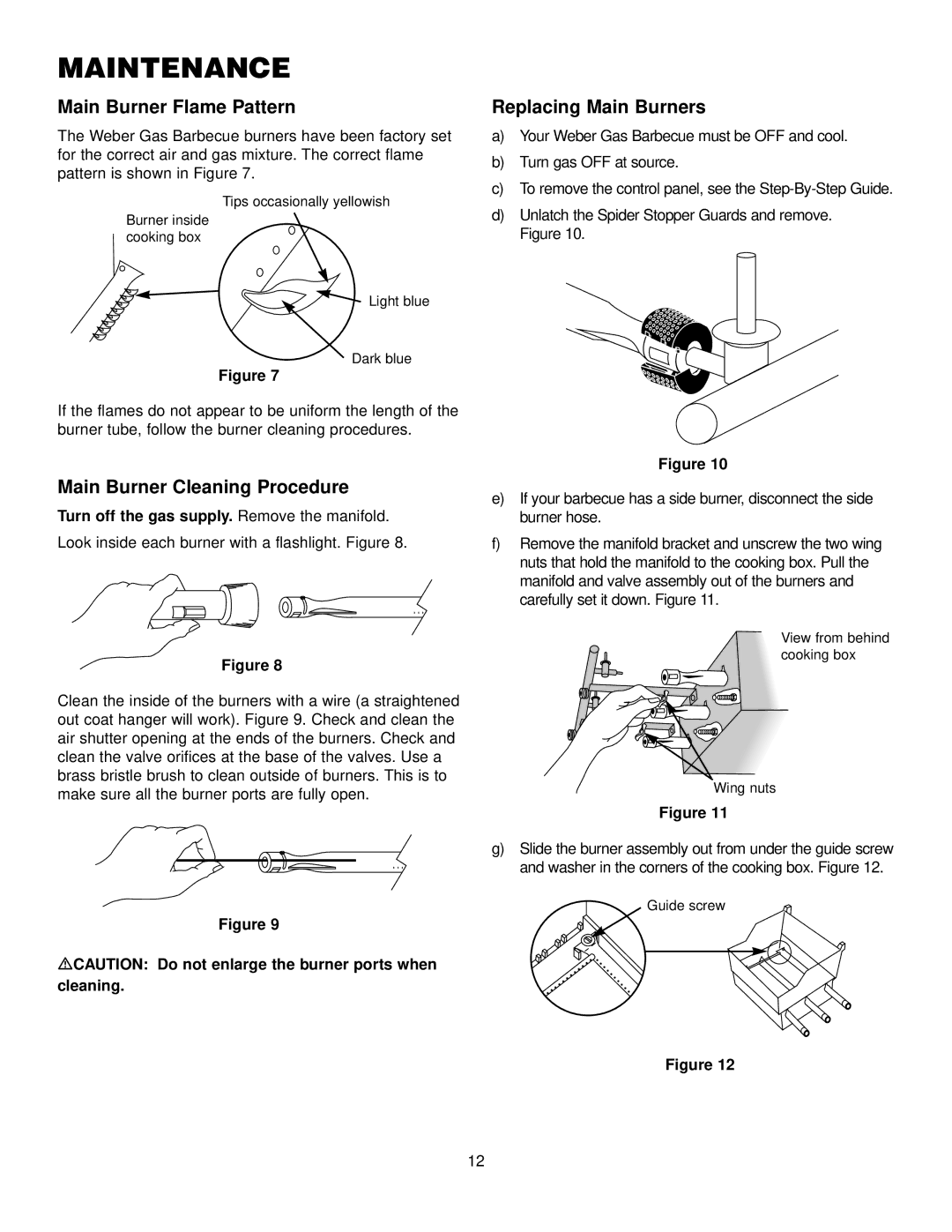 Weber 3400 NG, 2200 NG manual Main Burner Flame Pattern, Main Burner Cleaning Procedure, Replacing Main Burners 