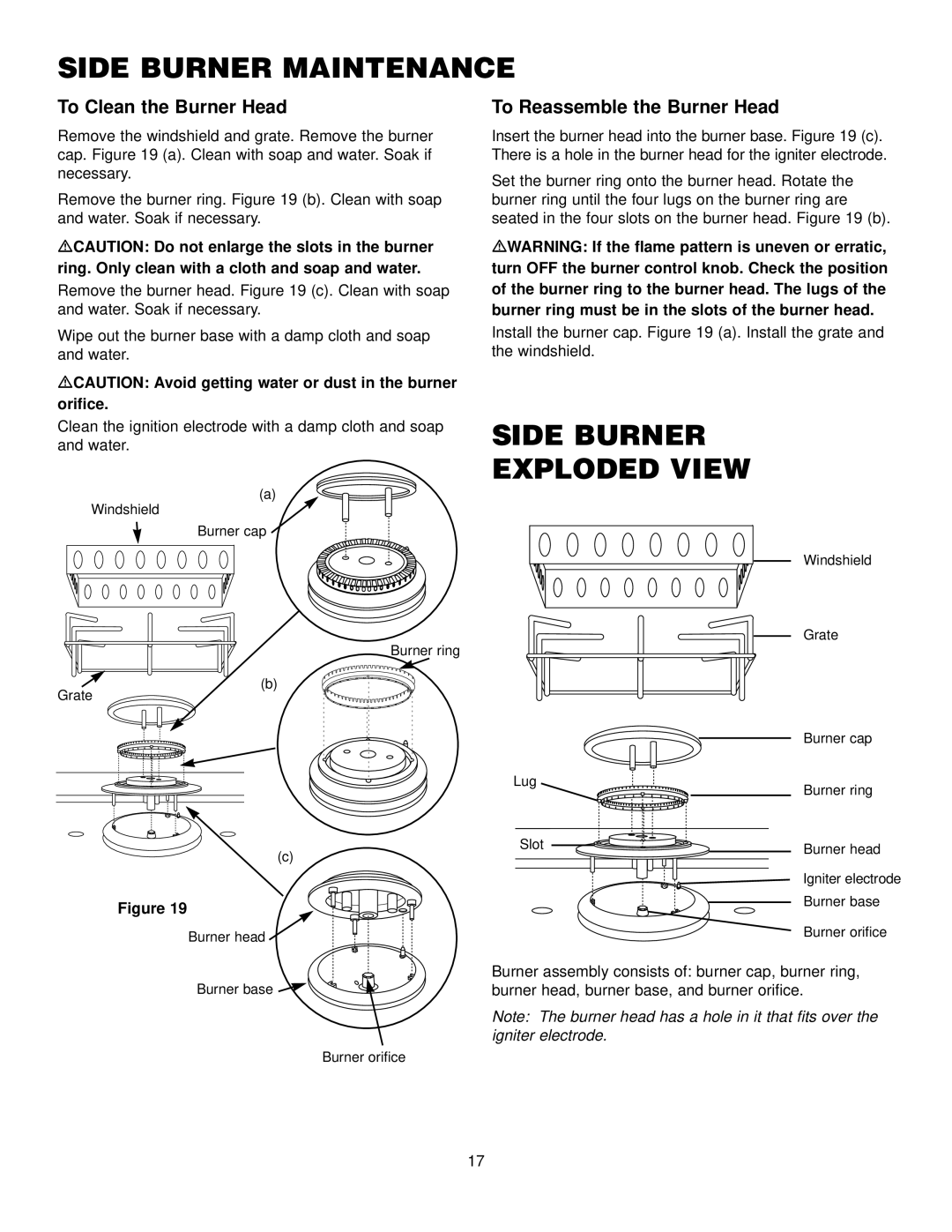 Weber 2200 NG, 3400 NG manual Side Burner Exploded View, To Clean the Burner Head, To Reassemble the Burner Head 