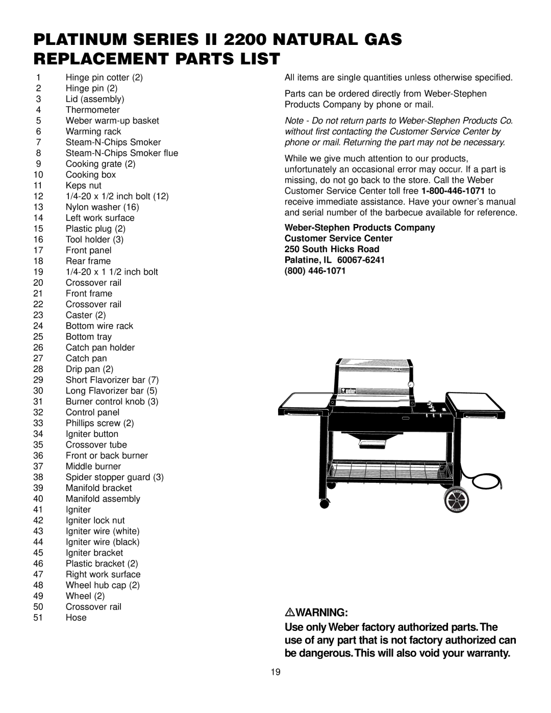 Weber 2200 NG, 3400 NG manual Platinum Series II 2200 Natural GAS Replacement Parts List, Mwarning 