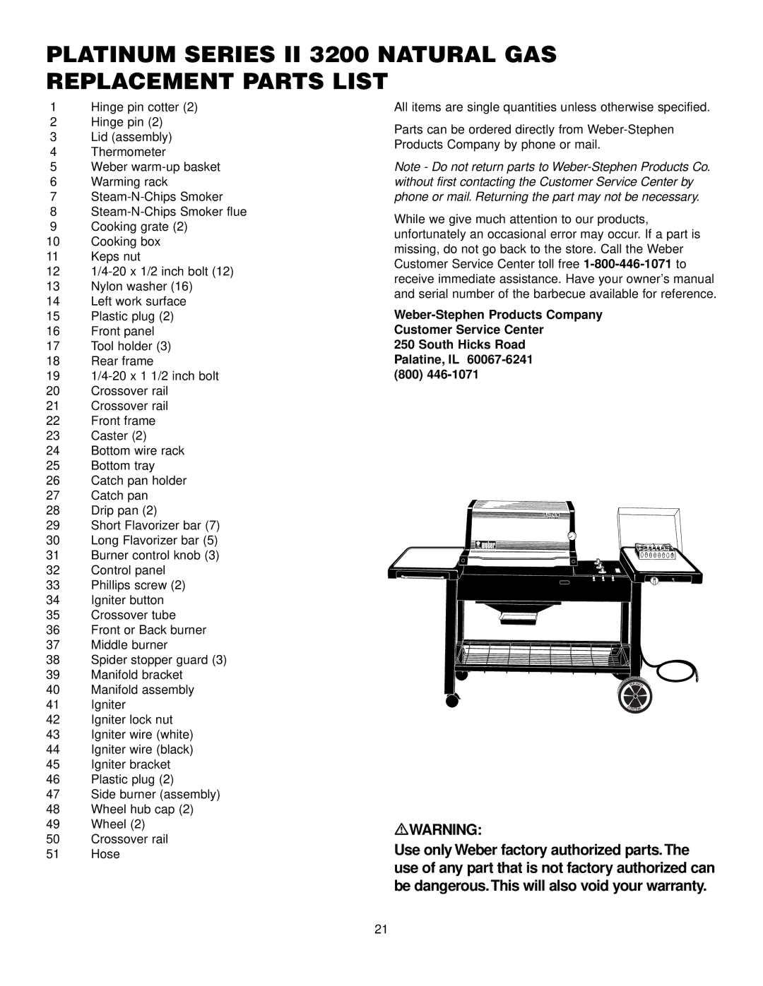 Weber 2200 NG, 3400 NG manual Platinum Series II 3200 Natural GAS Replacement Parts List 