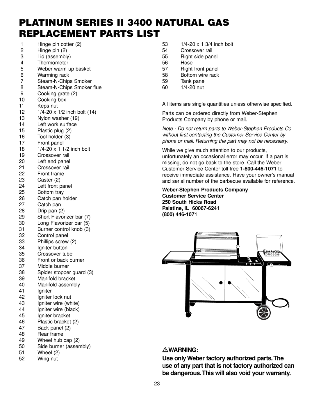 Weber 2200 NG, 3400 NG manual Platinum Series II 3400 Natural GAS Replacement Parts List 