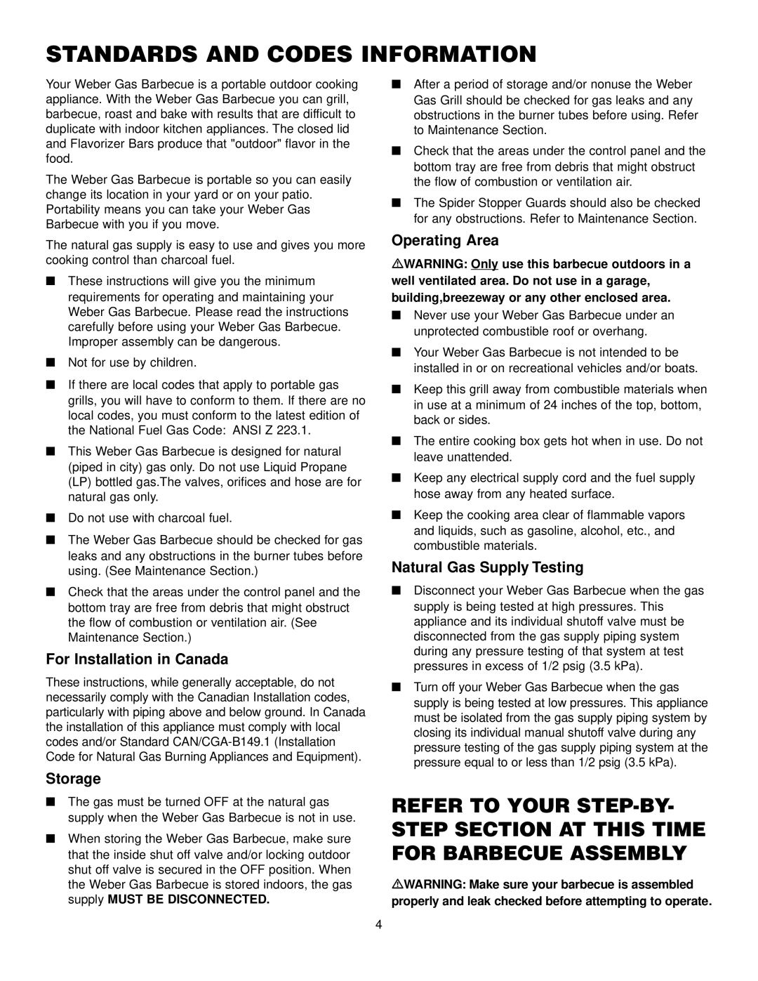 Weber 3400 NG Standards and Codes Information, For Installation in Canada, Operating Area, Natural Gas Supply Testing 