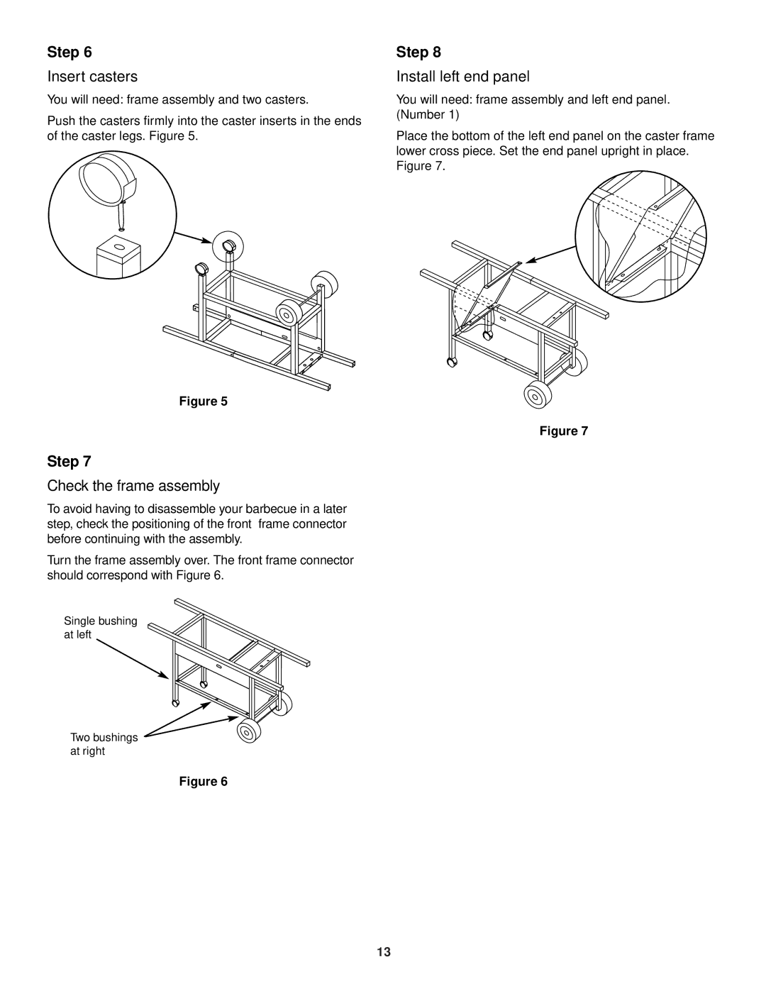 Weber 3400 Series owner manual Insert casters, Check the frame assembly, Install left end panel 