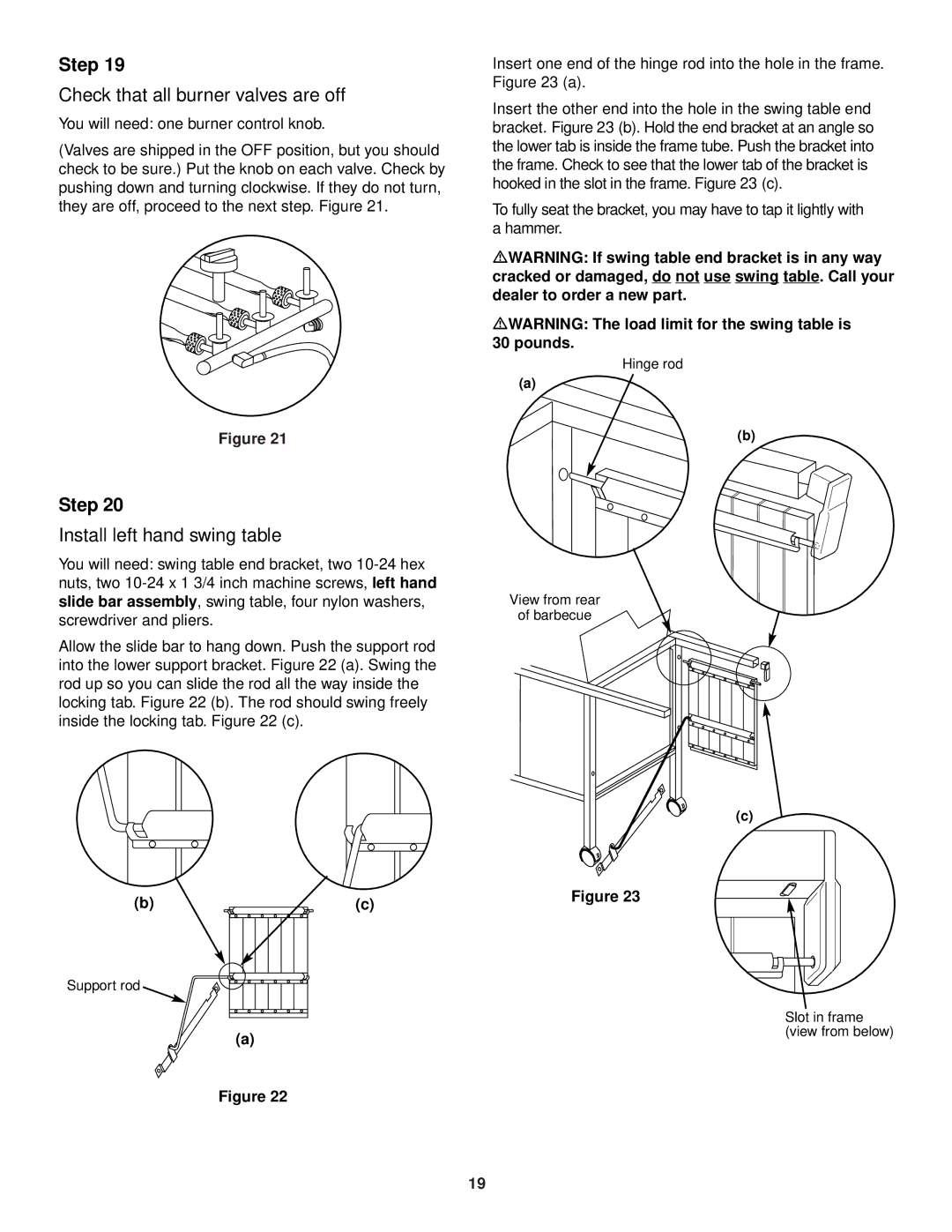 Weber 3400 Series owner manual Check that all burner valves are off, Install left hand swing table 