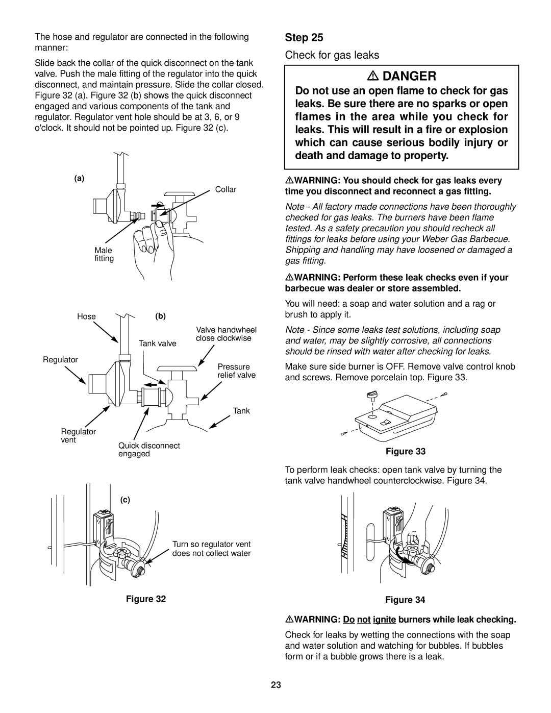 Weber 3400 Series owner manual Check for gas leaks, MWARNING Do not ignite burners while leak checking 