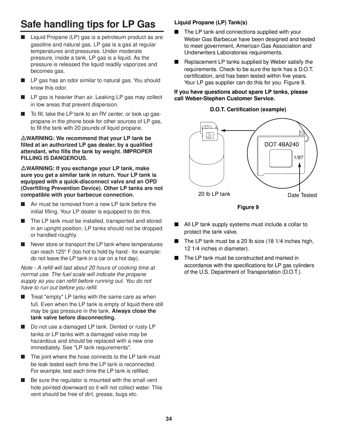 Weber 3400 Series owner manual Safe handling tips for LP Gas, Liquid Propane LP Tanks 