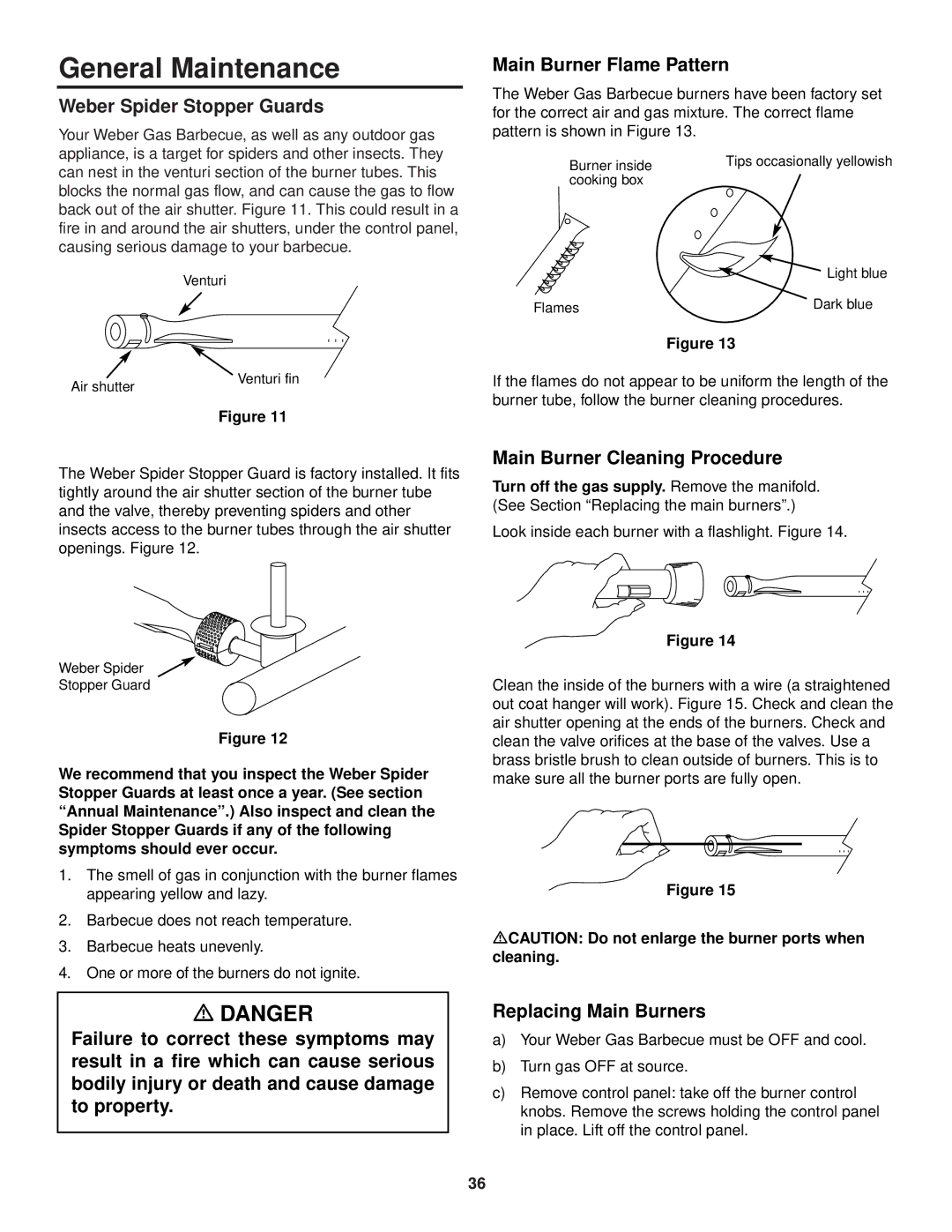 Weber 3400 Series owner manual General Maintenance, Weber Spider Stopper Guards, Main Burner Flame Pattern 