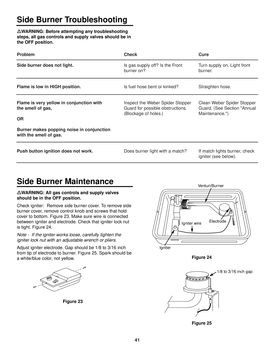 Weber 3400 Series owner manual Side Burner Troubleshooting, Side Burner Maintenance, Flame is low in High position 