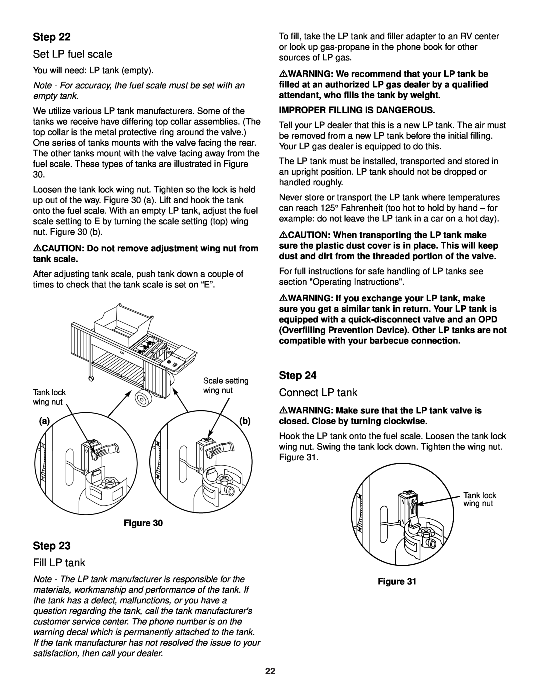 Weber 3400 Series owner manual Step, Improper Filling Is Dangerous, mWARNING Make sure that the LP tank valve is 