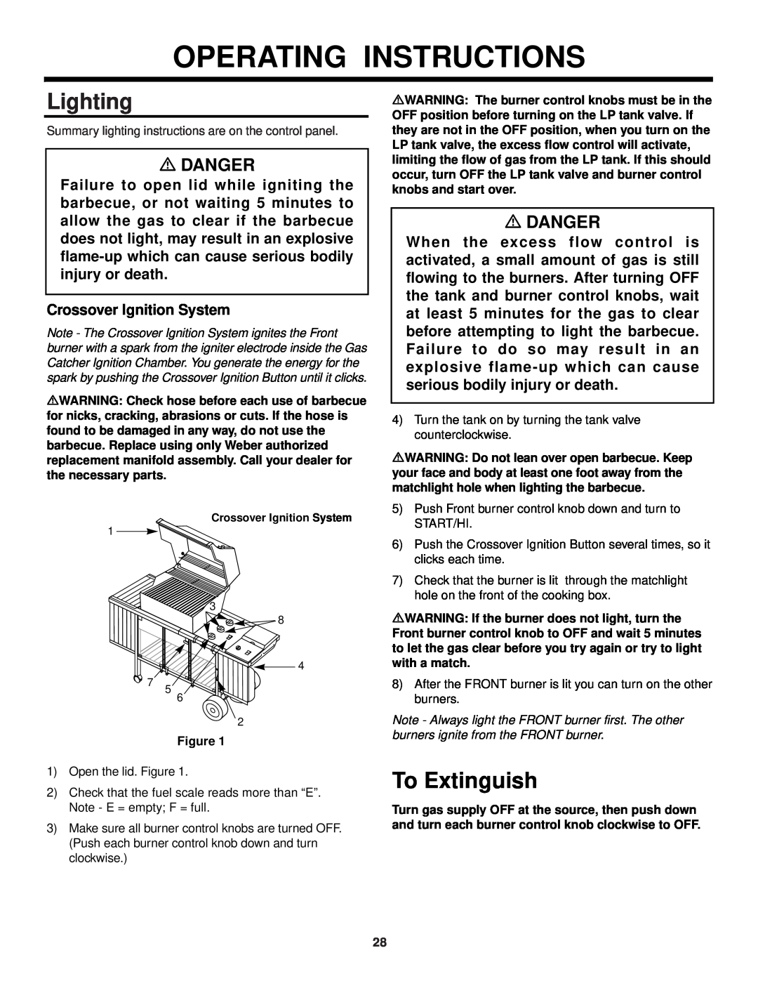 Weber 3400 Series owner manual Operating Instructions, Lighting, To Extinguish, mDANGER, Crossover Ignition System 
